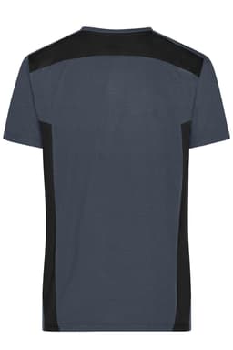 A dark blue men's work t-shirt featuring black panels on the shoulders and sides. It has a back view design.