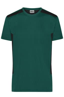 A green men's workwear T-shirt featuring black accents and a logo on the upper part.