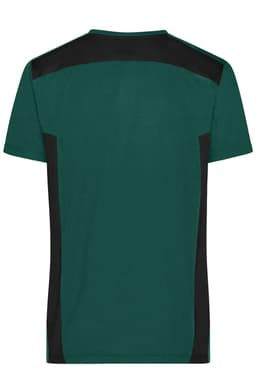 A green men's workwear T-shirt featuring black accents on the shoulders and sides, with a logo present.