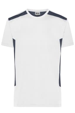 A white men's workwear T-shirt with navy blue accents and a logo. Suitable for various work environments.