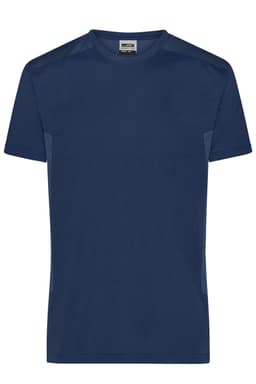 A navy blue men's workwear T-shirt with a simple design and contrasting side panels. It features a label at the neck.