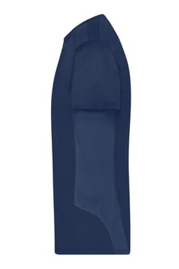 A navy blue men's workwear T-shirt featuring short sleeves and a side view design. It has a logo on it.
