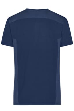 A navy blue men's workwear T-shirt with a simple design and a logo on the back.