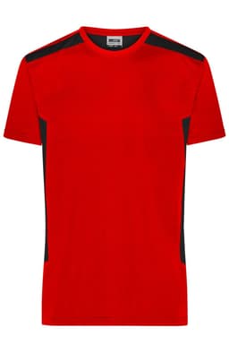 A men's workwear T-shirt in vibrant red with black accents and a logo.