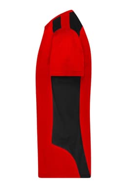 A red and black men's workwear T-shirt with short sleeves and a side view design. The shirt features a logo.