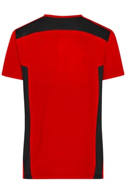 A red work T-shirt with black detailing on the shoulders and sides, featuring a logo.