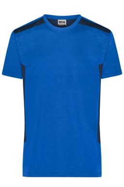 A blue men's workwear T-shirt featuring black accents on the shoulders and sides, with a logo on the front.