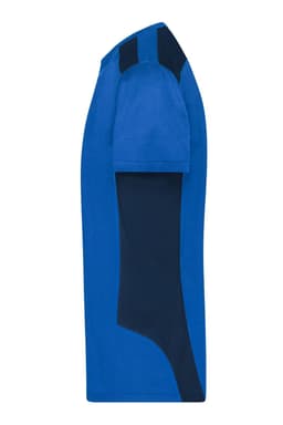 A blue and navy men's workwear T-shirt with a sleek, modern design and a logo featured on the fabric.