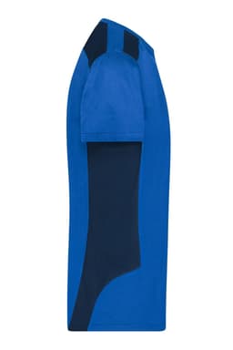A blue and navy men's workwear T-shirt with a logo. The T-shirt features a short sleeve and a sporty design.
