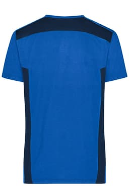 A blue work T-shirt featuring navy side panels and a logo on the back.