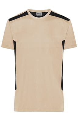 A men's workwear t-shirt in cream with black accents and a logo on the chest.