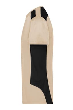 A beige workwear T-shirt featuring black accents on the shoulders and side. It has a simple design and a logo.
