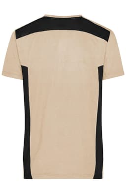 A men's workwear t-shirt in beige with black side panels and a logo on the back.