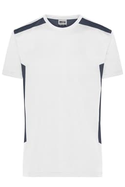 A white work T-shirt with navy side panels and a logo on the chest.