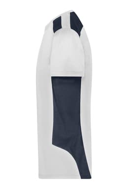 A men's workwear T-shirt in white with navy blue accents, featuring a logo on the chest.