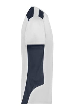 A men's workwear T-shirt in white with navy blue detailing, featuring a logo on the chest.