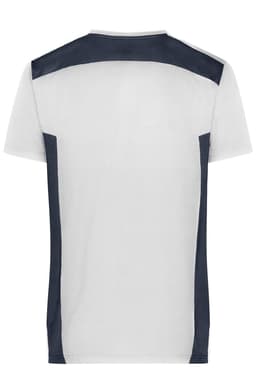 Men's workwear T-shirt in white with navy shoulder and side panels, featuring a logo.