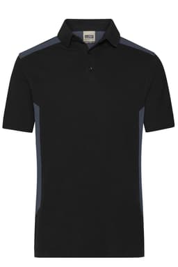 A black polo shirt with blue side panels and a collar, featuring a logo on the chest.
