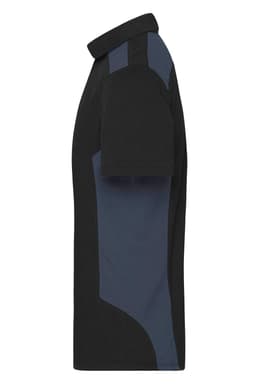 A men's work polo shirt featuring a black body with navy blue side panels and a collar, complete with a logo.