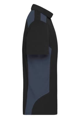 A black and navy men's work polo shirt with short sleeves and a collar, featuring a branding logo.