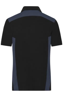 A black and navy polo shirt with a collar and contrasting side panels, featuring a logo.