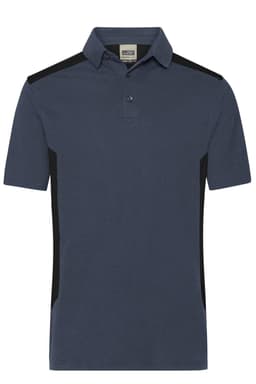 A navy polo shirt with black side panels and a classic collar, featuring a logo on the chest.