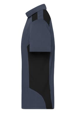 A men's workwear polo shirt in navy and black, featuring a logo on the chest. Side view of the shirt's design.