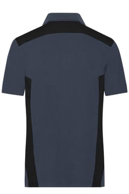 A navy blue men's work polo shirt with black side panels and a collar. The back view is displayed.