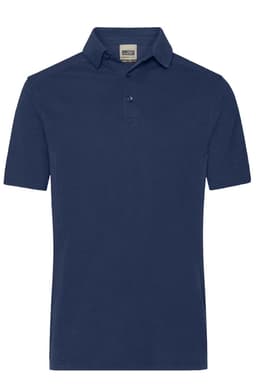 A navy blue men's polo shirt with a collar and three buttons, featuring a logo on the chest.