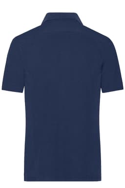 A navy blue men's work polo shirt with a classic collar and short sleeves, featuring a logo on the front.
