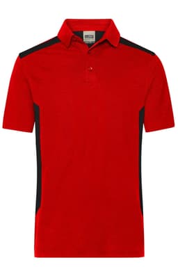 A red men's work polo shirt with black side panels and a collar, featuring a logo on the chest.
