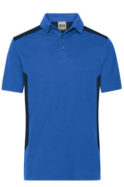 A blue men's work polo shirt with black side panels and a collar, featuring a button-up front and a logo.