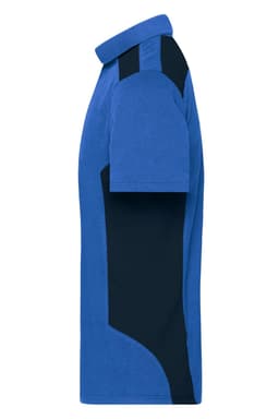 A men's workwear polo shirt in blue with black side panels and a logo on the chest.