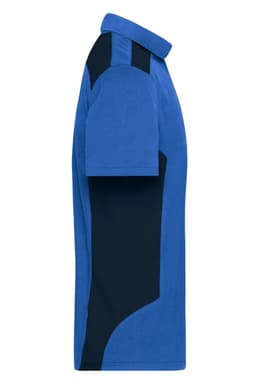 A blue and navy men's work polo shirt with a collared neck and contrasting side panels. Features a logo.