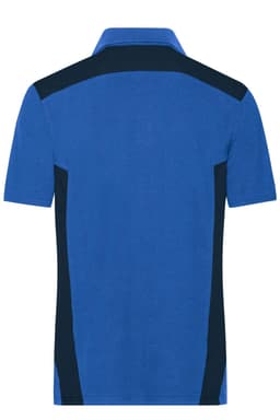 A blue men's polo shirt featuring dark navy side panels and a logo on the back. Suitable for workwear.
