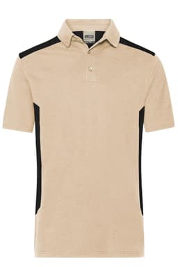A beige polo shirt featuring black side panels and a collar. It has a logo on the chest area.