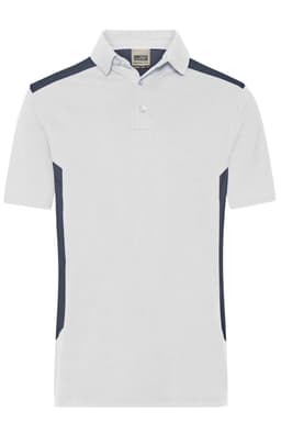 A light grey polo shirt with navy side panels and a collar, featuring a logo.