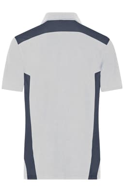 A men's work polo shirt in light grey with navy blue accents, featuring a logo on the back.