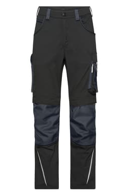 Workwear pants in black with contrasting dark grey panels and various pockets. Features a logo on the waistband.