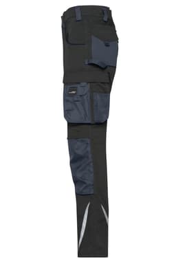 Workwear pants in black and navy with multiple pockets and a reflective detail. Features a logo on the fabric.
