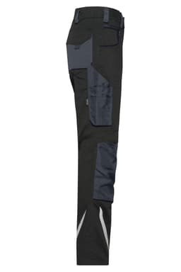 Workwear pants in black with grey detailing and multiple pockets, featuring reflective elements and a logo.