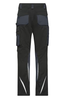 Workwear pants in black with grey accents, featuring multiple pockets and reflective detailing. Includes a logo.
