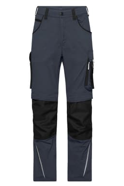 Workwear pants in navy blue and black with multiple pockets and reflective detailing. Features a logo on the fabric.