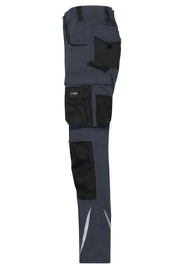 Workwear pants in dark grey featuring multiple pockets and black accents, designed for durability and functionality.