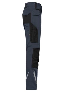 Workwear pants in navy blue and black, featuring multiple pockets and reflective detailing. Includes branding elements.