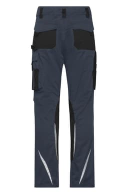 Workwear pants in navy with black detailing, featuring pockets and reflective strips on the legs.