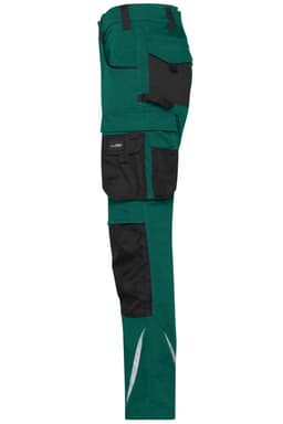 Green workwear pants with black accents and multiple side pockets. Features reflective detailing and a branding logo.