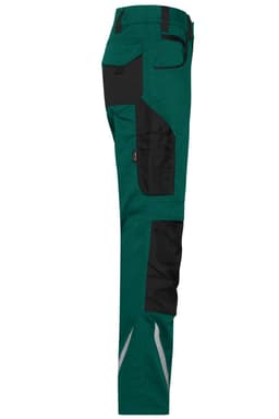 Workwear pants in teal with black accents, featuring multiple pockets and reflective detailing on the sides.