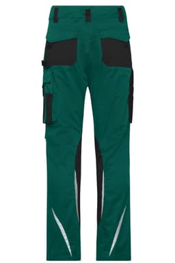 Workwear pants in teal and black, featuring multiple pockets and reflective details on the back.