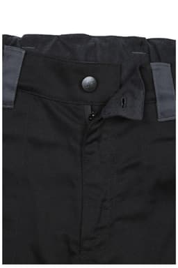 Black workwear pants featuring a button and zip closure, with grey detailing on the waistband.